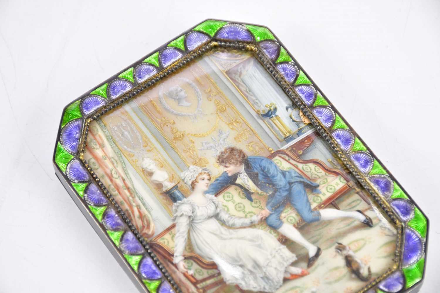 A late 19th century hand painted watercolour and ivory portrait miniature representing a couple in - Image 5 of 5