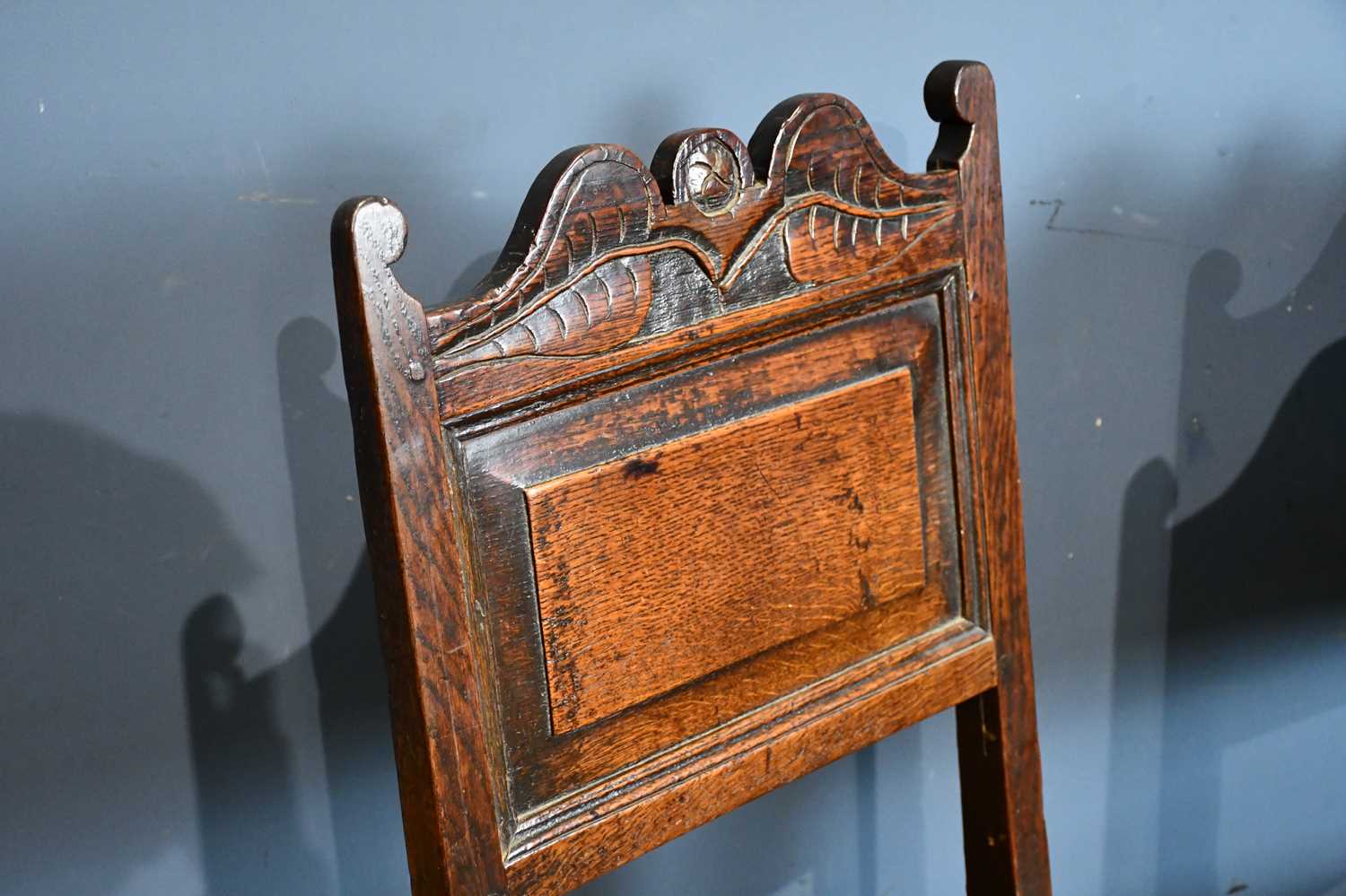 A pair of oak back stools, circa 1700, with panelled backs and plank seats, on turned and block - Image 2 of 12