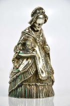 A 19th century electroplated novelty bell, modelled as a female figure, height 11cm.