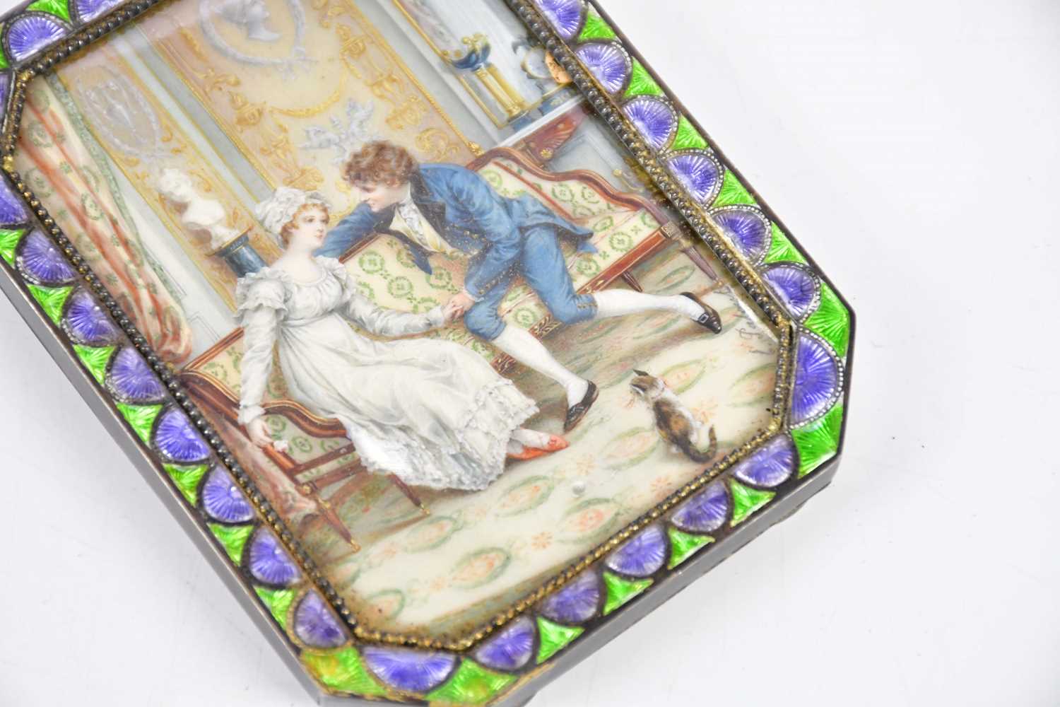 A late 19th century hand painted watercolour and ivory portrait miniature representing a couple in - Image 4 of 5