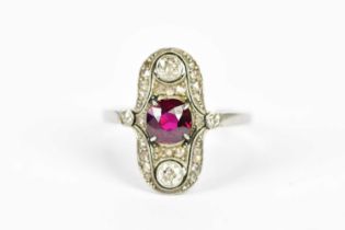 A yellow and white metal Art Deco ruby and diamond plaque ring, the central ruby weighing approx.