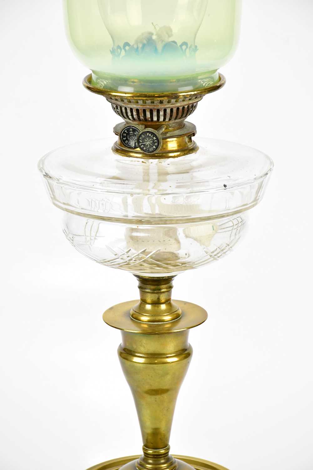 A Victorian brass oil lamp, with vaseline glass shade and Palmer & Co duplex wick holder above the - Image 3 of 6
