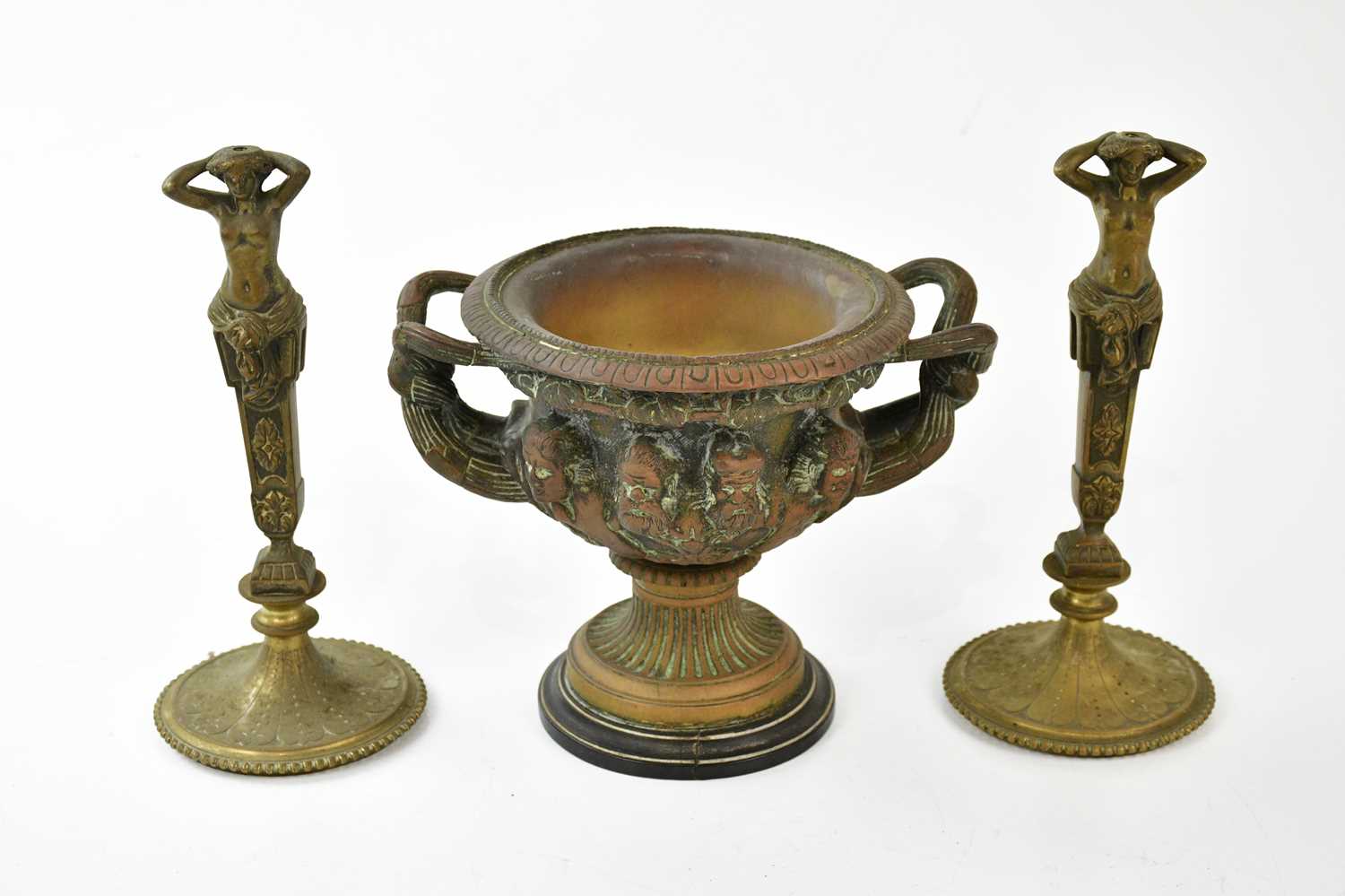 A 19th century cast metal model of a Warwick vase, two pairs of brass candlesticks, and a pair of - Image 2 of 6