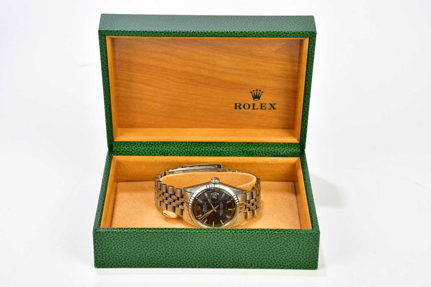 ROLEX; a vintage gentleman's stainless steel Oyster Perpetual Datejust wristwatch with blue dial, - Bild 8 aus 10