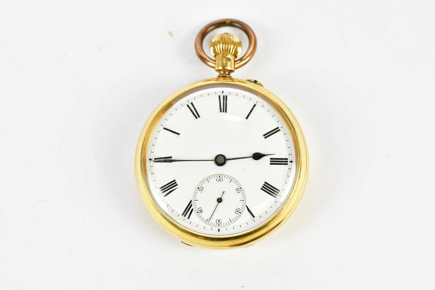 An 18ct yellow gold crown wind open face pocket watch with Roman numerals to the white enamel