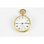 An 18ct yellow gold crown wind open face pocket watch with Roman numerals to the white enamel