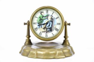 A brass cased novelty mantel clock, the enamel decorated with a monkey shaving a seated male who