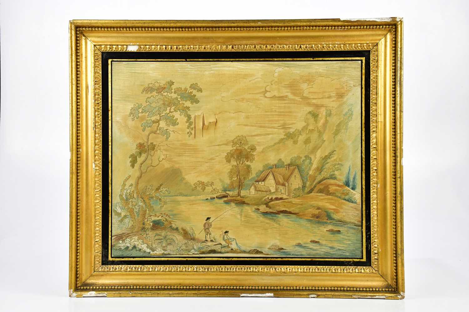 SPORTING INTEREST; a Georgian needlework picture of fishermen beside river scene, 36 x 44cm,