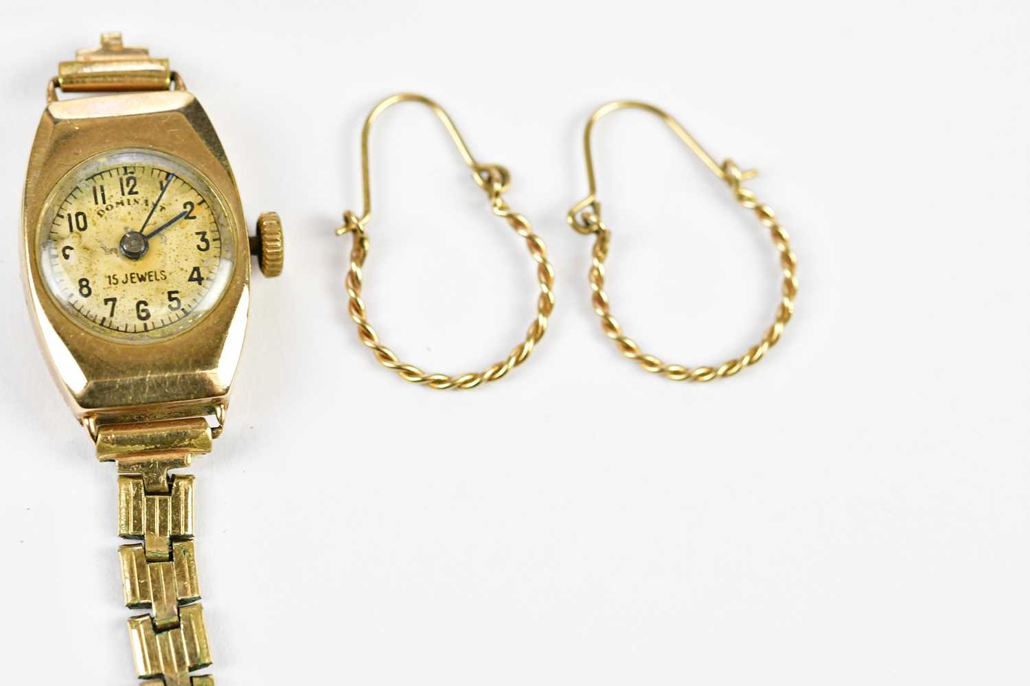 A vintage 9ct yellow gold wristwatch, a 9ct gold tie pin, a pair of knot studs, and a pair of - Image 3 of 4