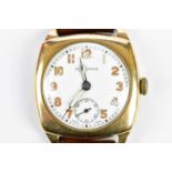 LONGINES; a gentleman's vintage 9ct yellow gold wristwatch with Arabic numerals to the circular