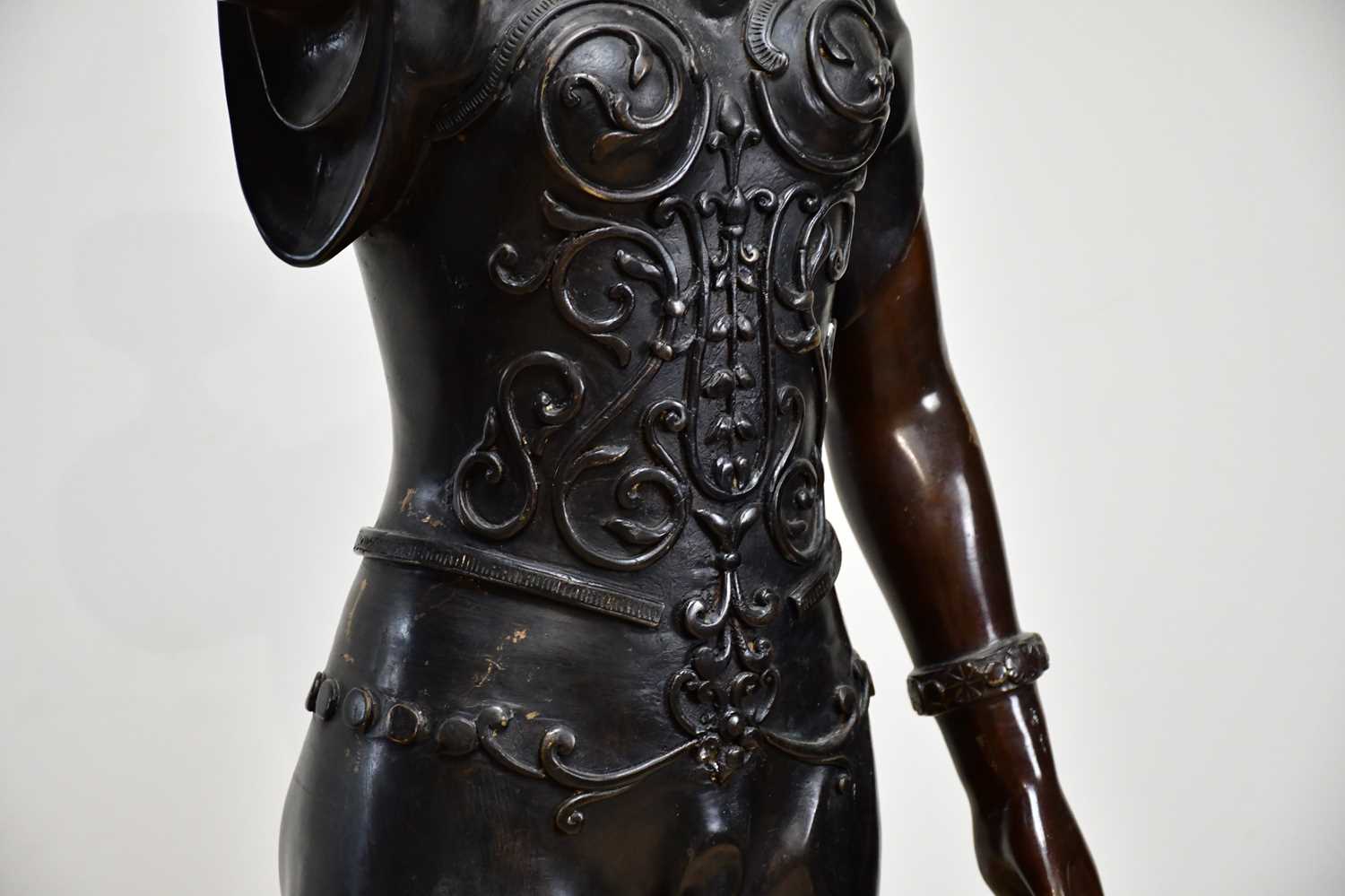 A large bronze lamp modelled as a maiden supporting a lantern, on fluted plinth base, height 179cm. - Image 2 of 10