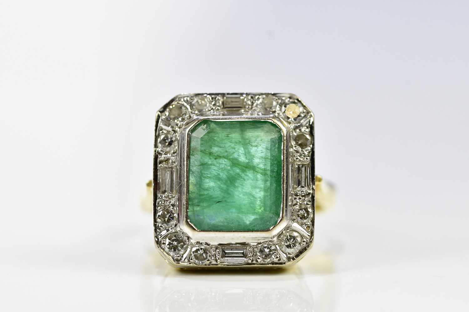 An 18ct yellow gold emerald and diamond Art Deco inspired dress ring, size K, approx. 9g. N.B. The