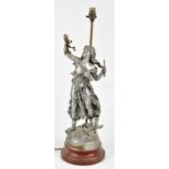 AFTER MOREAU; an early 20th century silvered spelter figural table lamp, 'Beliges Champetres' on