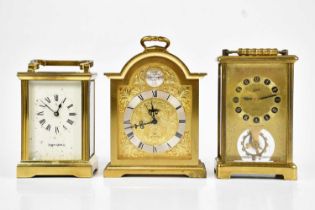 MAPPIN & WEBB; a brass cased carriage clock, the enamel dial set with Roman numerals, and two