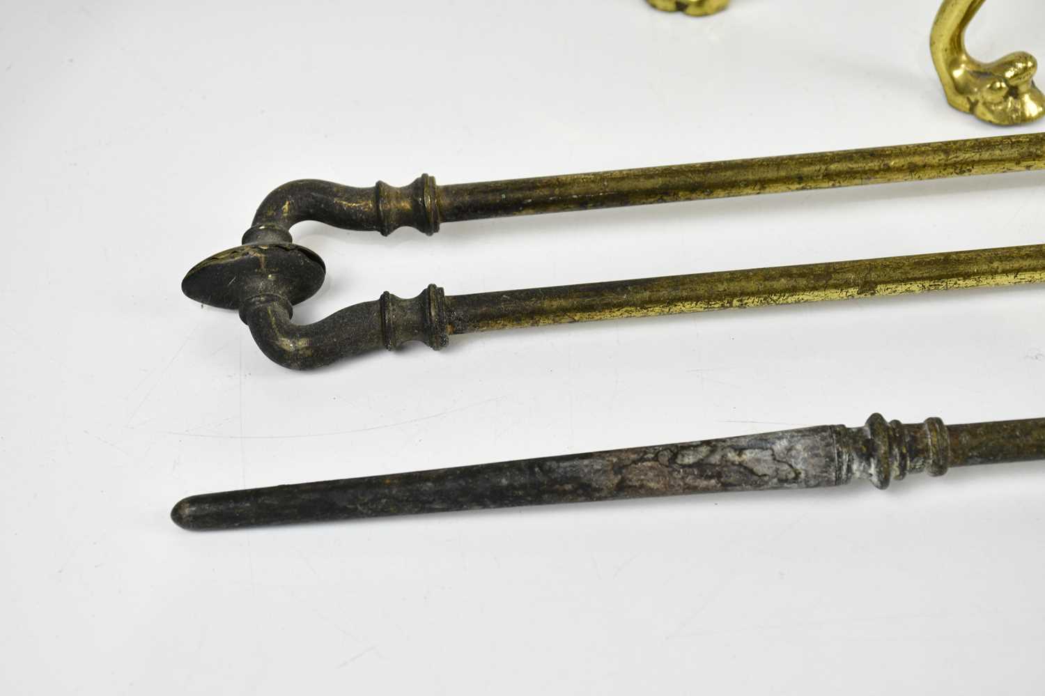 A pair of late 19th century cast brass fire irons, comprising tongs and poker, longest 69cm, and a - Image 4 of 4