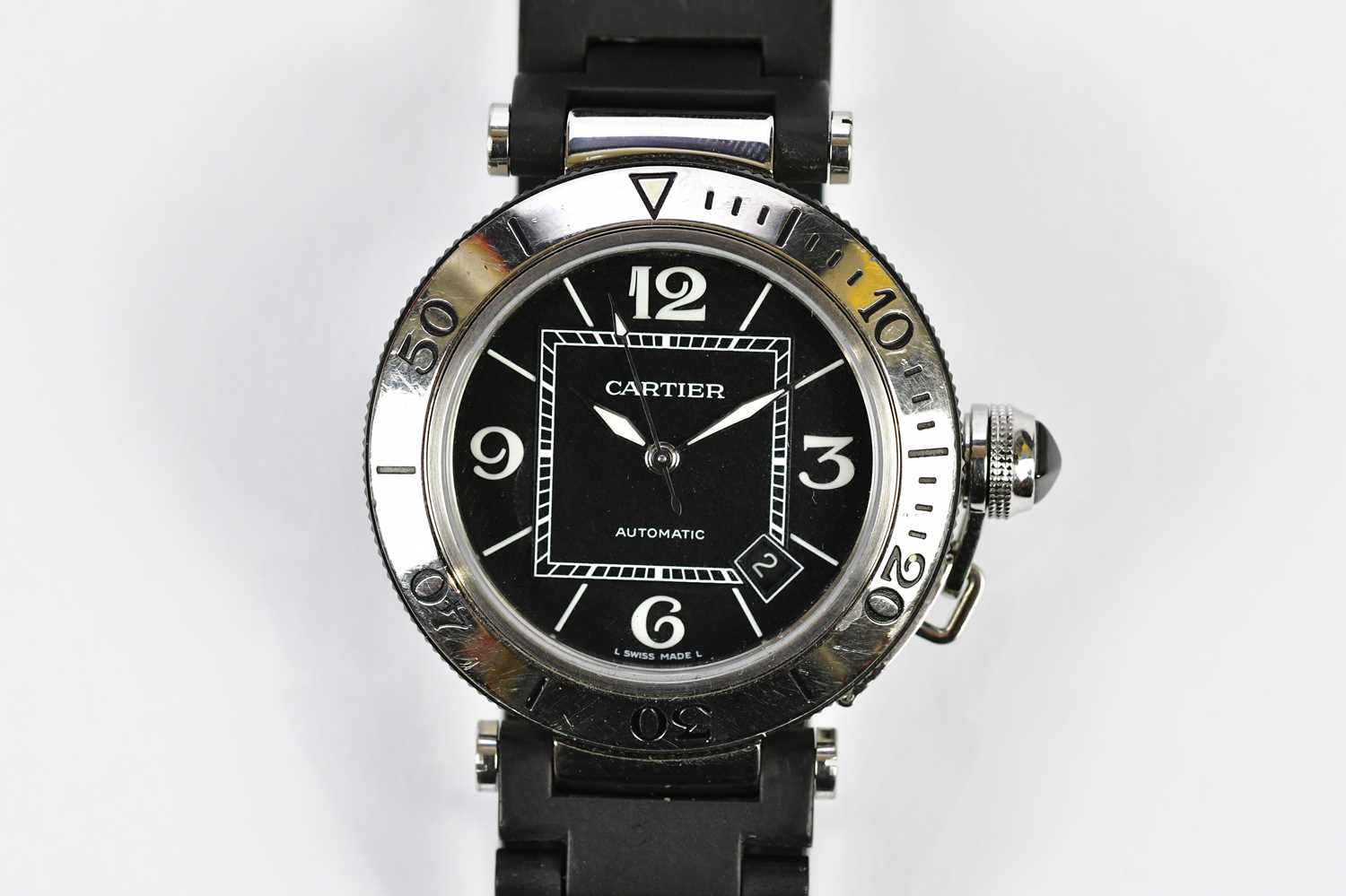 CARTIER; a Pasha de Cartier gentleman's wristwatch with date aperture, Arabic quarter markers, and