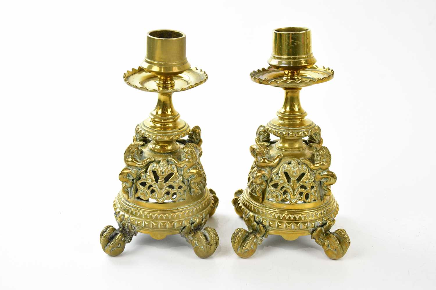 A 19th century cast metal model of a Warwick vase, two pairs of brass candlesticks, and a pair of - Image 6 of 6