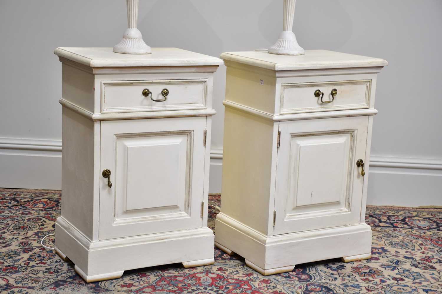 Two modern white painted bedside cabinets with single drawers above two panelled cupboard doors, two - Image 3 of 3