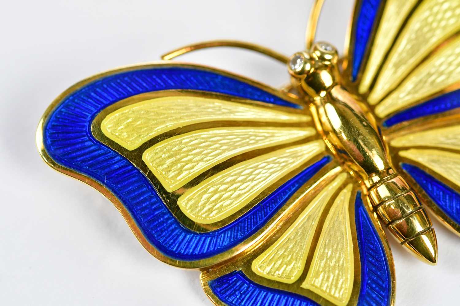 DE VROOMEN; an 18ct yellow gold enamel decorated butterfly brooch, width 43mm, approx 14.16g, - Image 5 of 6