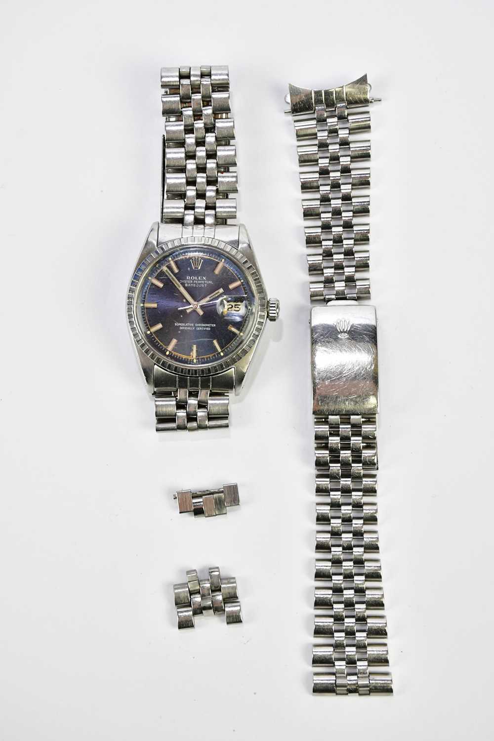 ROLEX; a vintage gentleman's stainless steel Oyster Perpetual Datejust wristwatch with blue dial, - Image 7 of 10