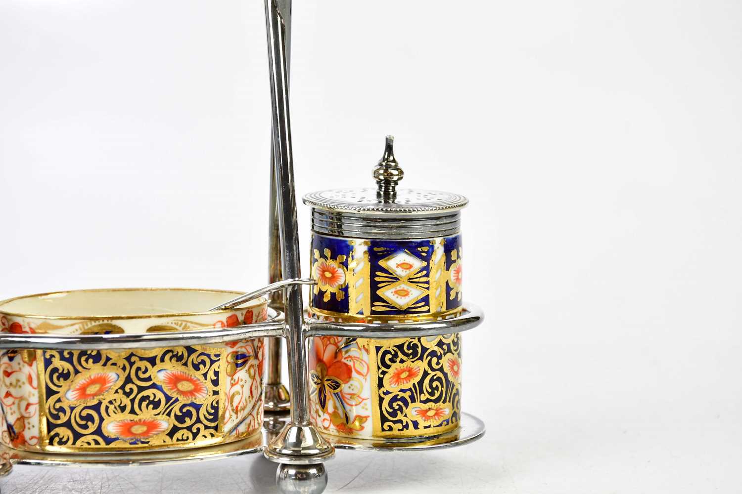 JAMES DEAKIN & SONS; an Arts and Crafts silver plated condiment set with Davenport Imari ceramic - Image 3 of 3