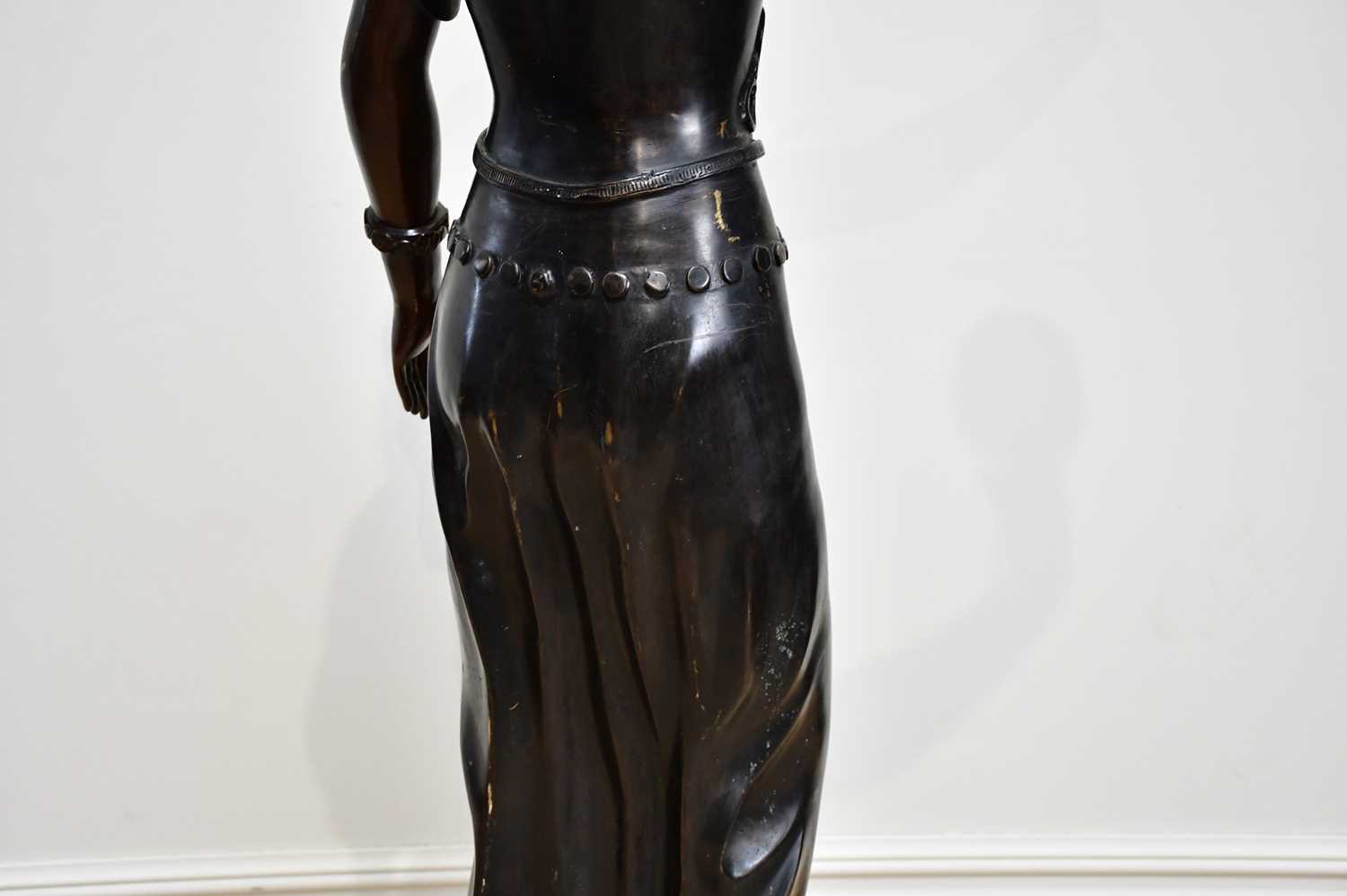 A large bronze lamp modelled as a maiden supporting a lantern, on fluted plinth base, height 179cm. - Image 10 of 10