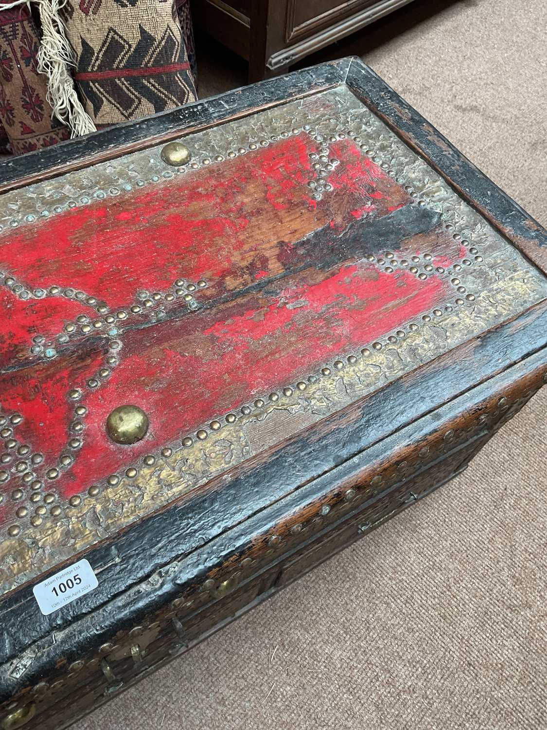 An early 20th century Zanzibar chest with applied studded decoration and hinged top above three - Image 6 of 6