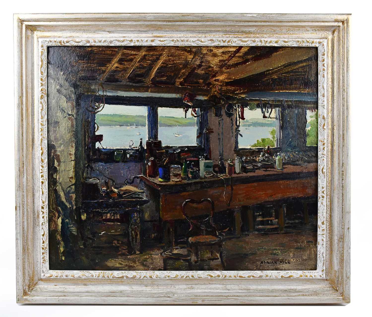 † ADRIAN HILL (1895-1972), oil on canvas, ‘Cornish Workshop’, signed and with RBA 1956 label