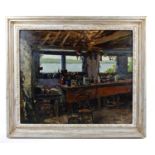 † ADRIAN HILL (1895-1972), oil on canvas, ‘Cornish Workshop’, signed and with RBA 1956 label