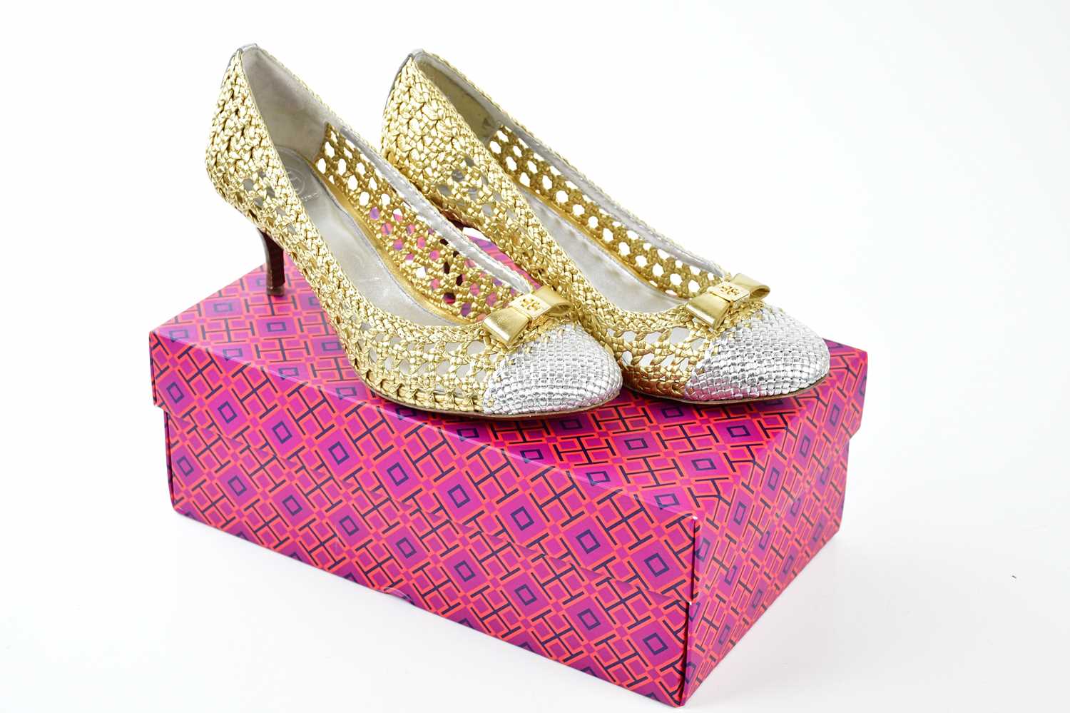 TORY BURCH; a pair of gold and silver metallic Carlyle Madras court shoes with gold tone maker's - Image 4 of 4