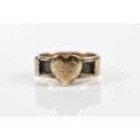 A 9ct yellow gold mourning ring with heart shaped terminal and inset panels originally for hair,