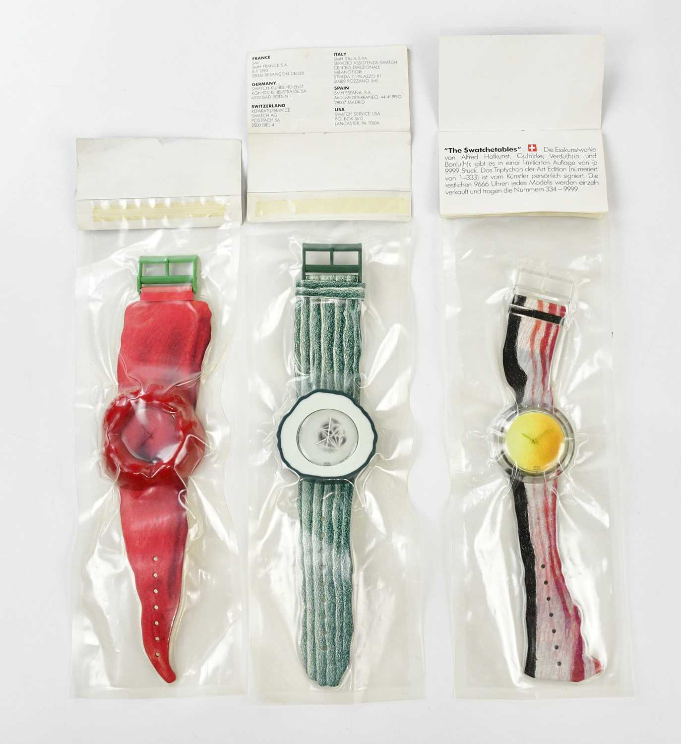 SWATCH; an unused set of three Pop Art 'One More Time' watches by Alfred Hofkunst, including a