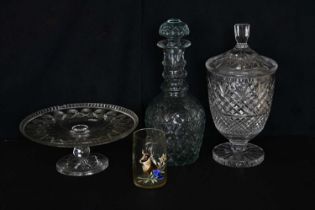 An oversized late 19th century cut glass decanter, height 40cm, a cut glass cake stand, a cut