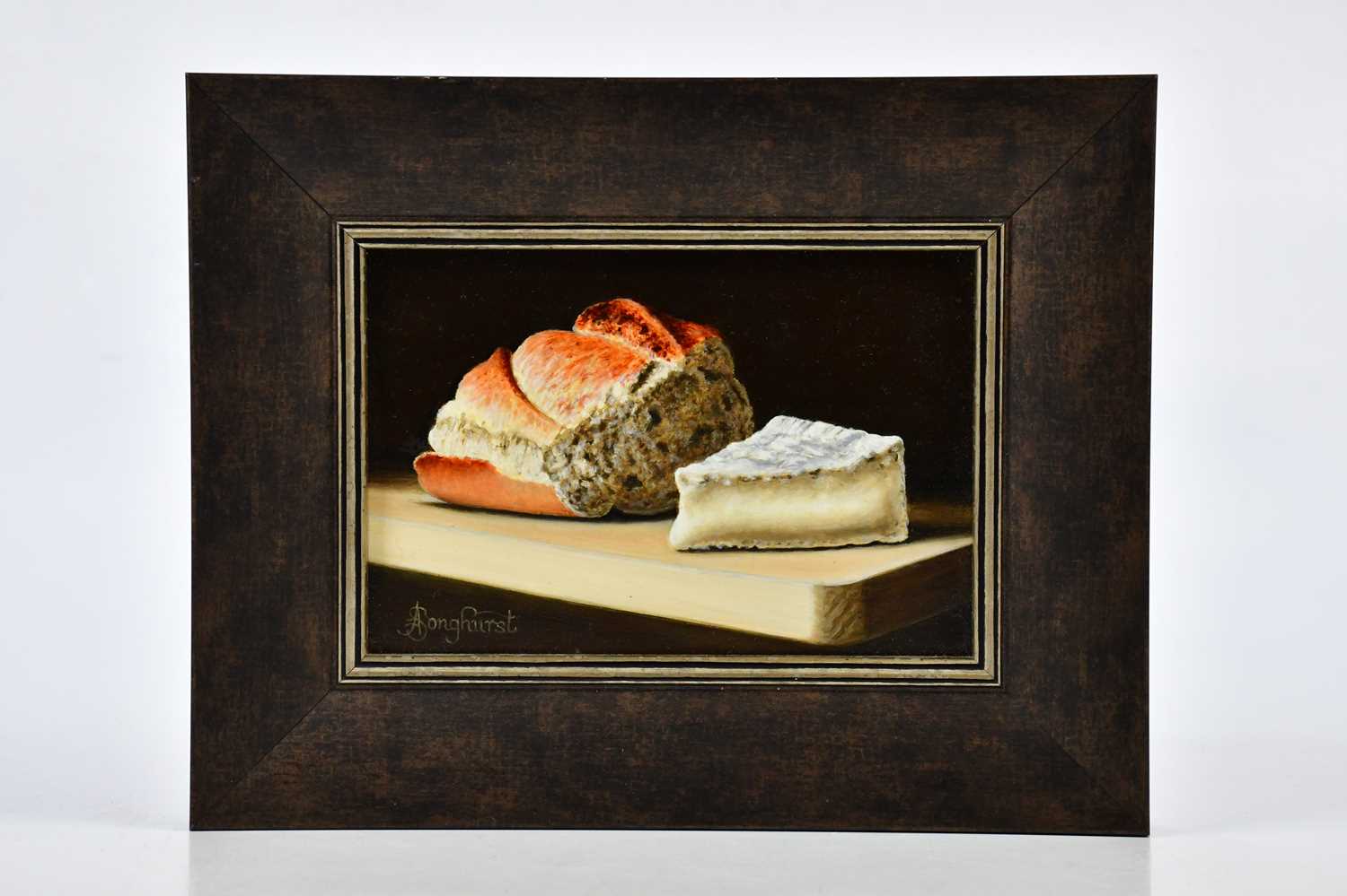 † ANNE SONGHURST; oil on board, 'Goats Cheese with Bread', signed lower left, 10 x 15cm, framed.