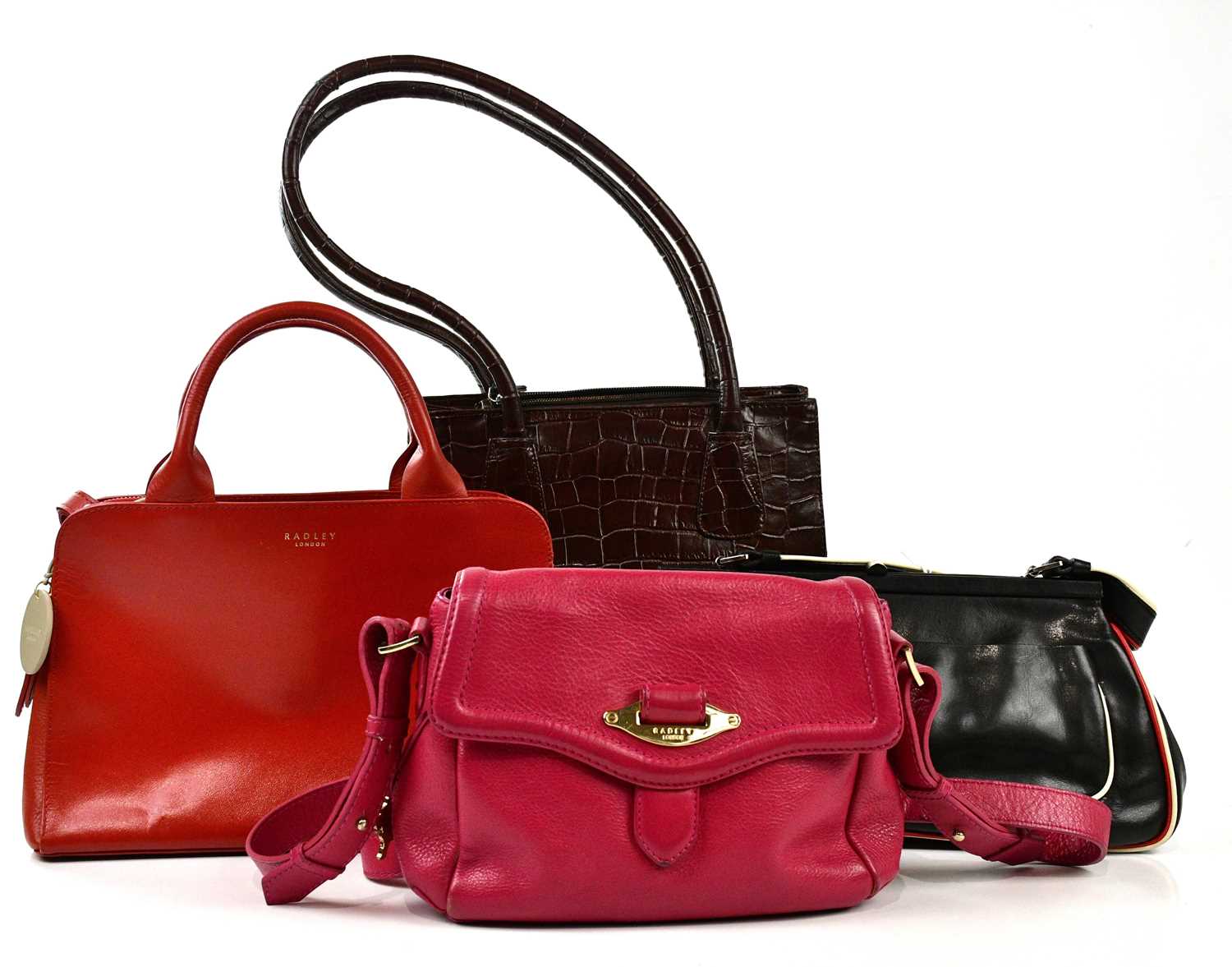 RADLEY; a red leather classic handbag with two handles and detachable shoulder strap, a pink pebbled