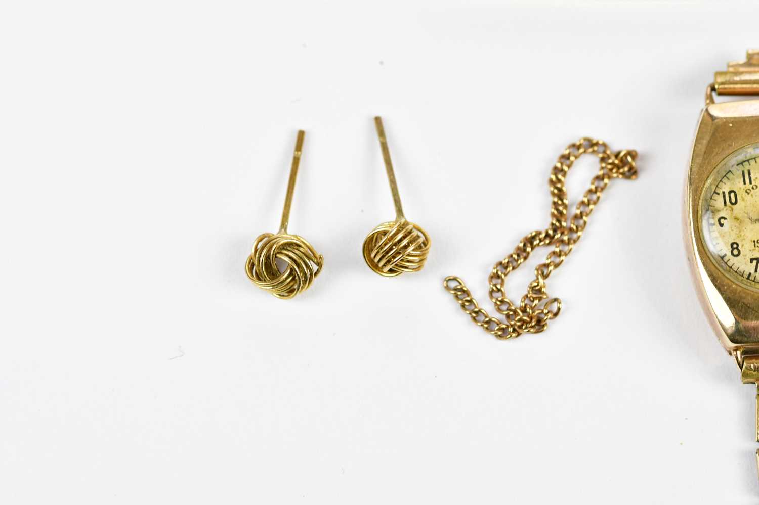 A vintage 9ct yellow gold wristwatch, a 9ct gold tie pin, a pair of knot studs, and a pair of - Image 2 of 4