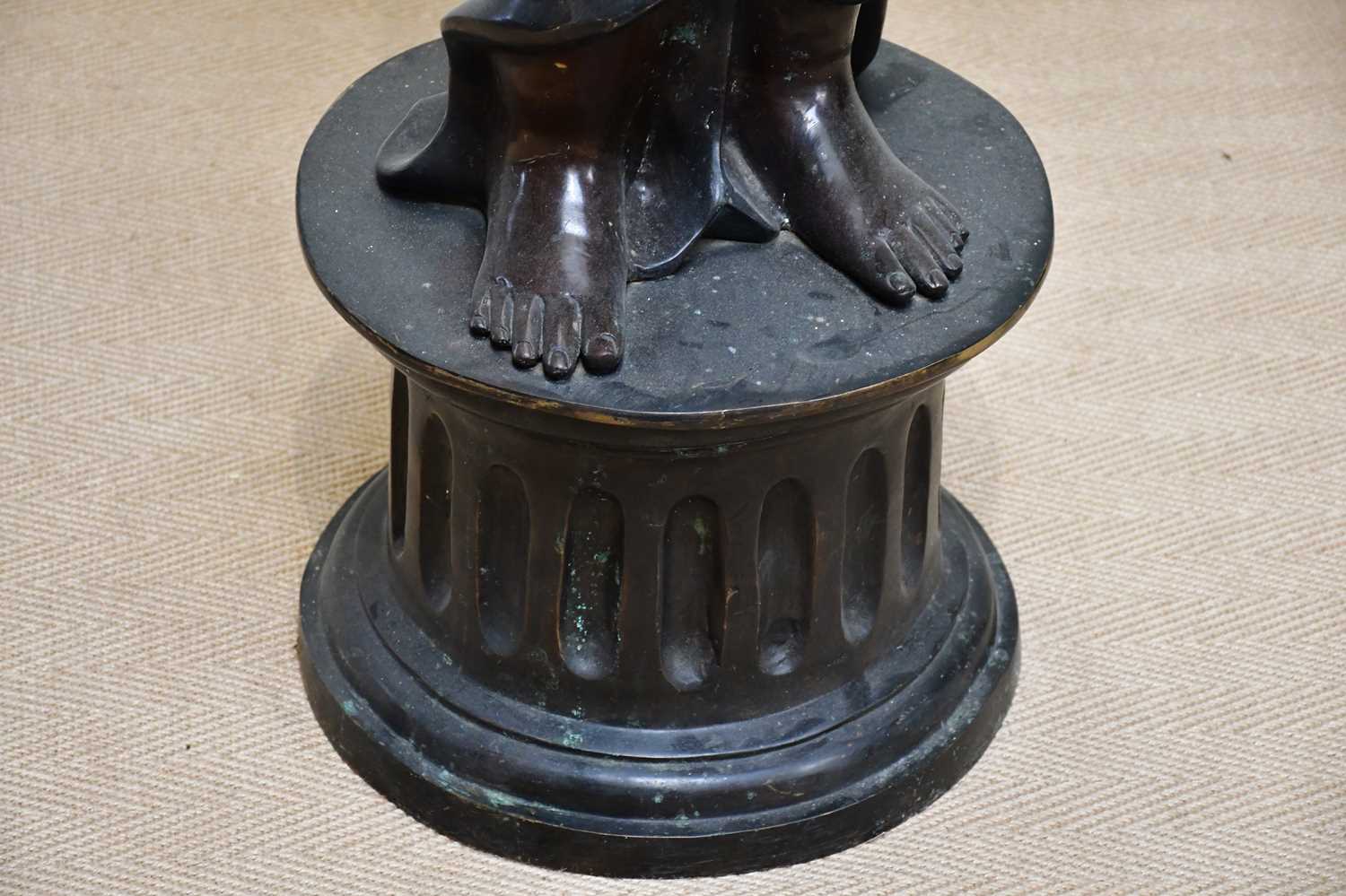 A large bronze lamp modelled as a maiden supporting a lantern, on fluted plinth base, height 179cm. - Image 4 of 10