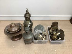 An extensive collection of Eastern and other metalware, including brass coffee pot with impressed