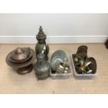 An extensive collection of Eastern and other metalware, including brass coffee pot with impressed