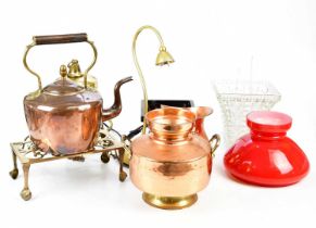 A small quantity of metalware including a brass ceiling light, a copper kettle, a brass trivet,