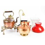 A small quantity of metalware including a brass ceiling light, a copper kettle, a brass trivet,