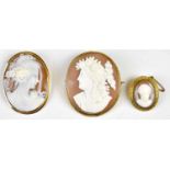 A yellow metal cameo brooch, carved with a side profile of a maiden with flowers in her hair,