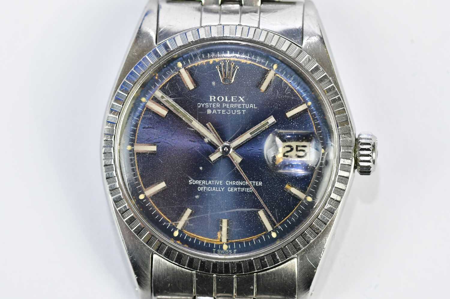 ROLEX; a vintage gentleman's stainless steel Oyster Perpetual Datejust wristwatch with blue dial,