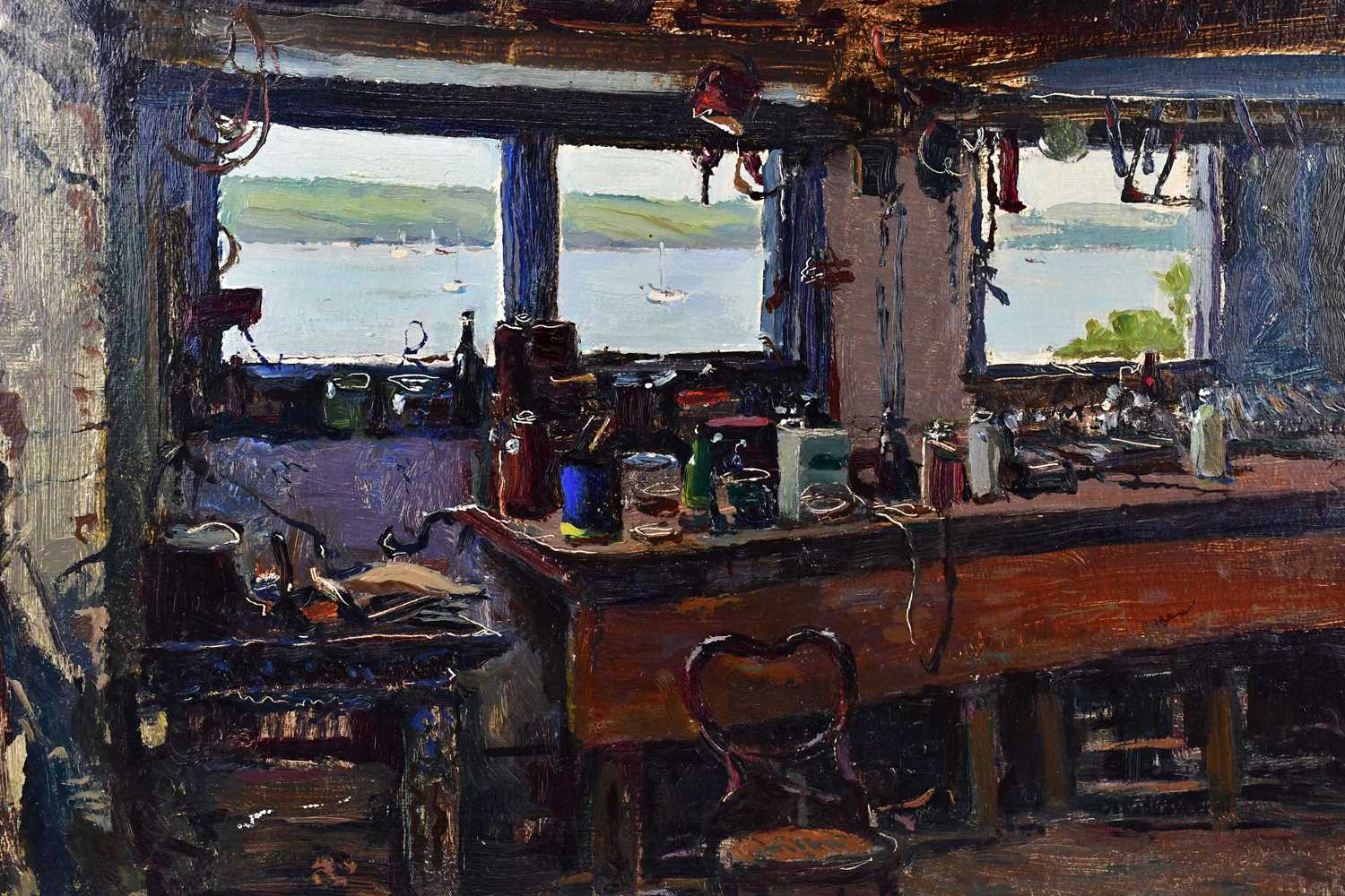 † ADRIAN HILL (1895-1972), oil on canvas, ‘Cornish Workshop’, signed and with RBA 1956 label - Image 2 of 4