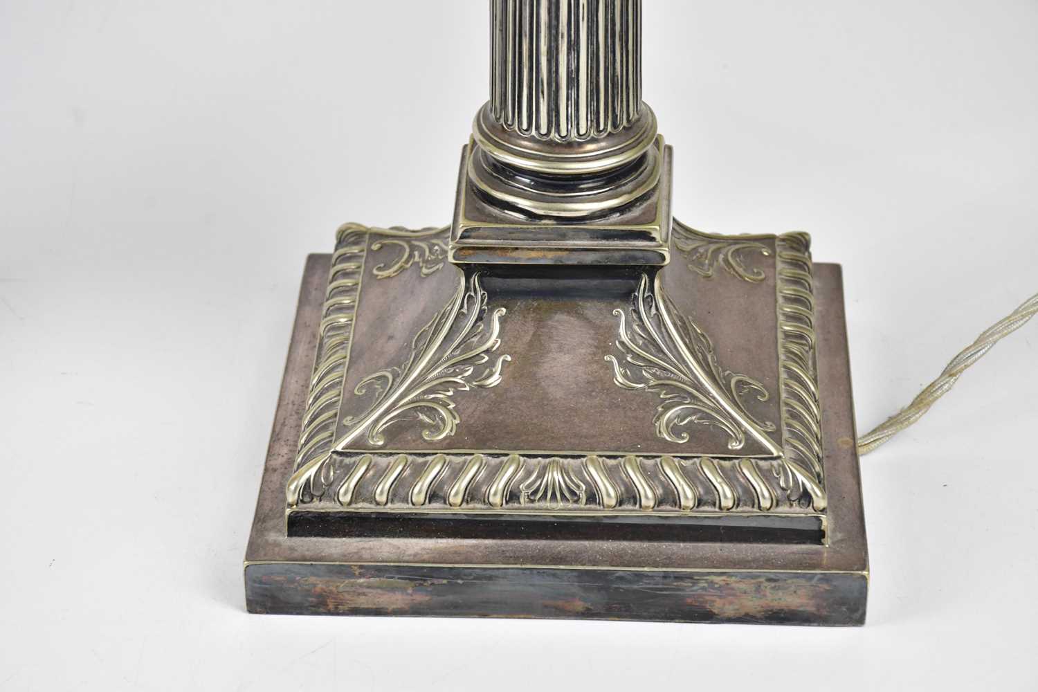 GOLDSMITHS COMPANY; a Victorian silver plated Corinthian column table lamp, on stepped base, - Image 2 of 3