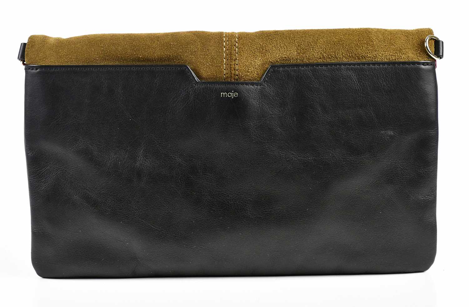 MAJE; a black calfskin leather clutch handbag with beige brown suede front flap and raspberry red - Image 2 of 3