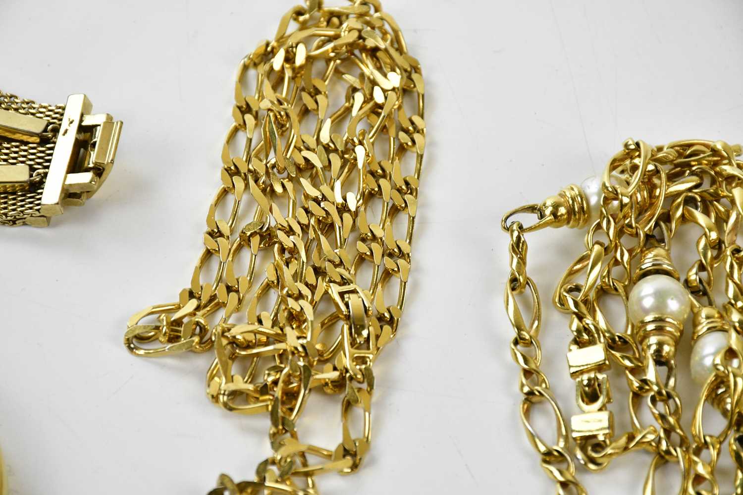 CHRISTIAN DIOR; a gold tone long link chain necklace with faux pearl detail, length 96cm, and gold - Image 3 of 4