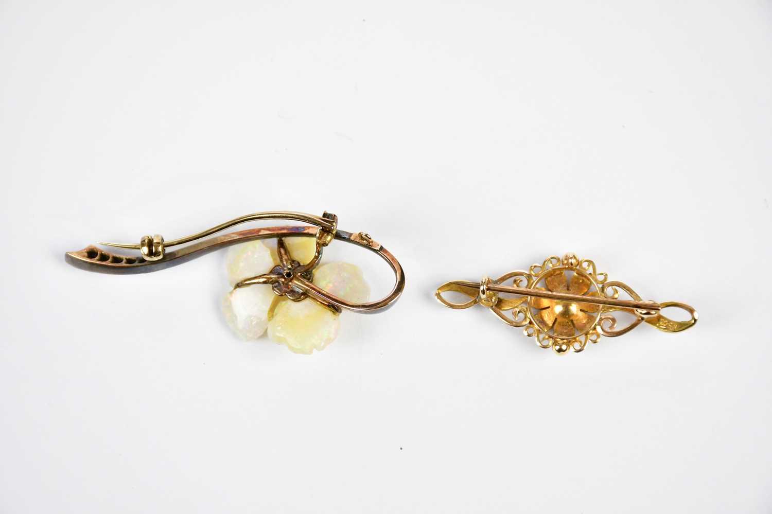 A Victorian yellow gold seed pearl set bar brooch, approximate weight 3.5g and a floral pendant with - Image 2 of 2