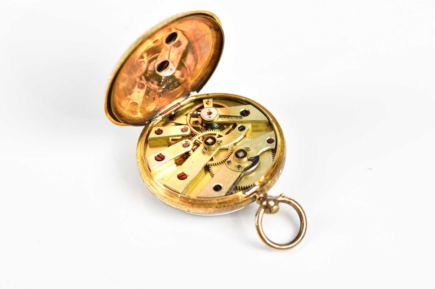 A yellow metal lady's open face fob watch, the gilt dial set with Roman numerals, stamped '18k', - Image 6 of 7