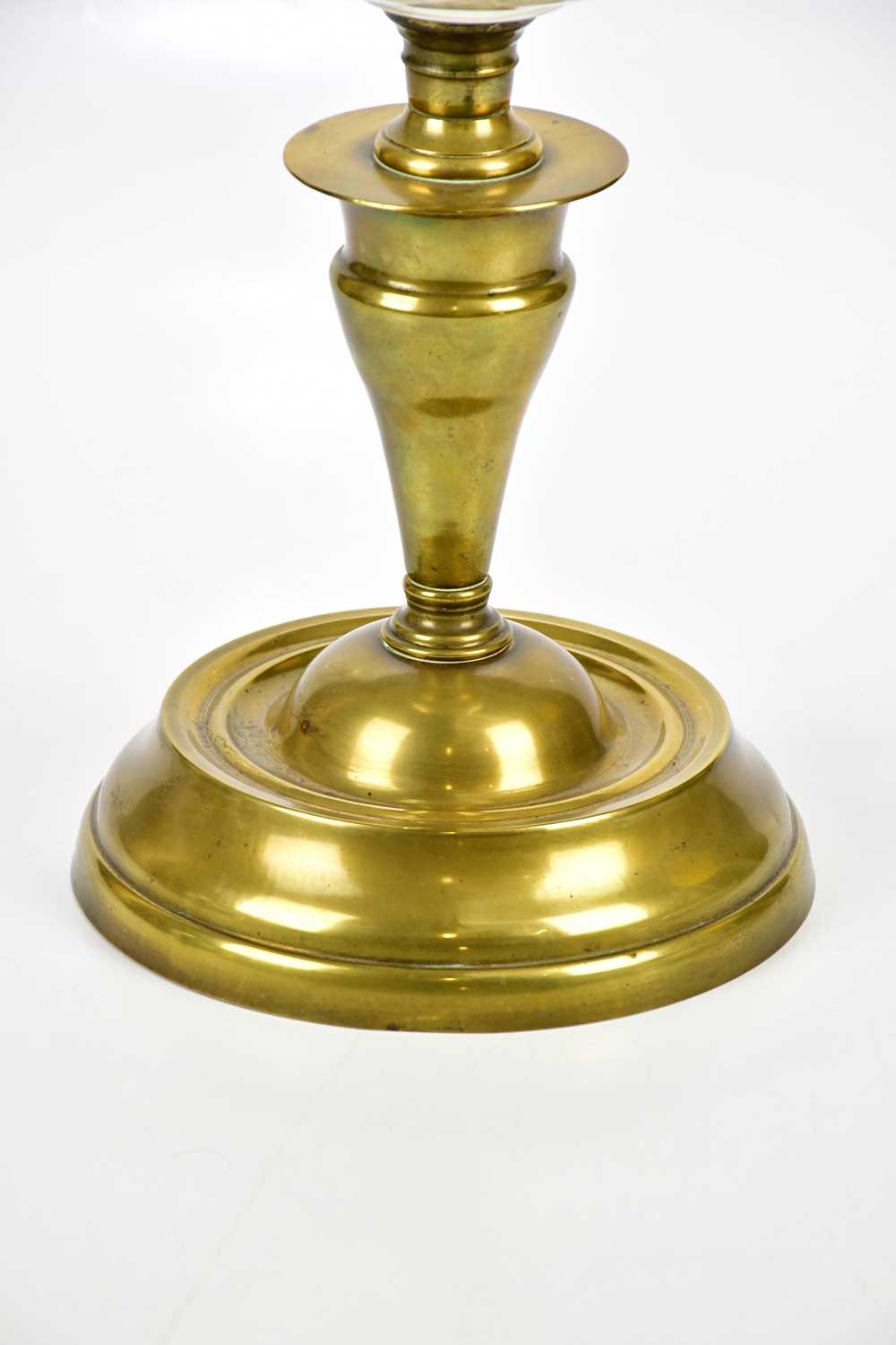 A Victorian brass oil lamp, with vaseline glass shade and Palmer & Co duplex wick holder above the - Image 4 of 6